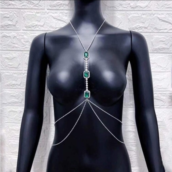 Emerald Silver Zircon Body Chain, Elegant, Classy, Minimalist, Punk - Picture 4 of 5